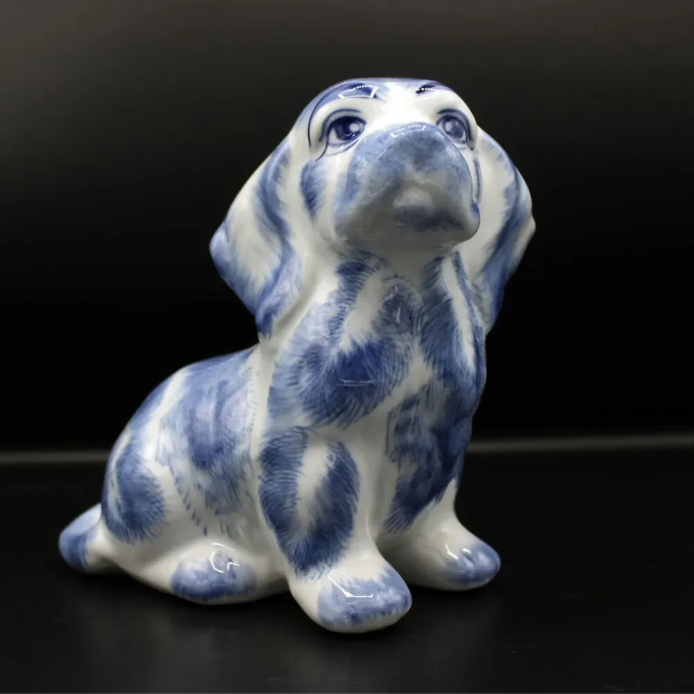 Vintage Blue White Ceramic Dog Figurine Glossy Glaze Cocker Basset Animal Decor
